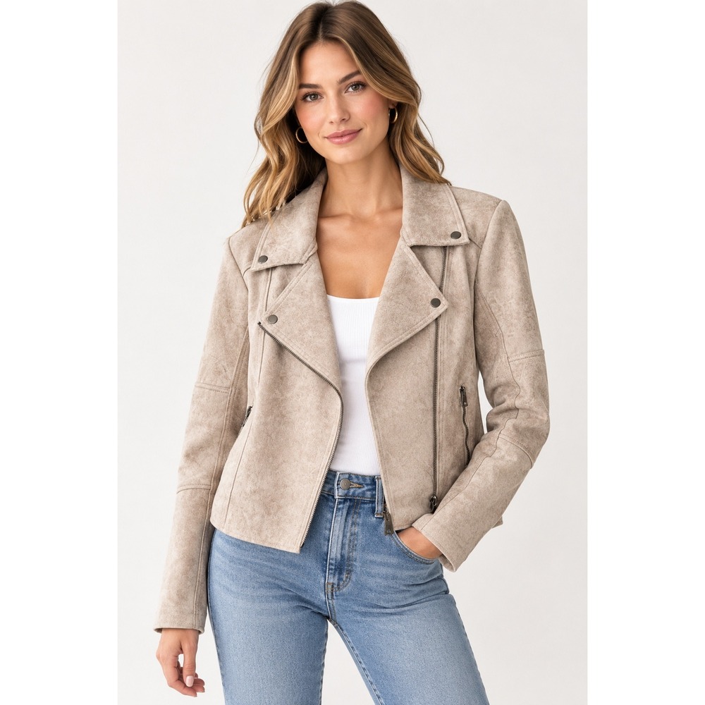 Evereve Faux Suede Moto Jacket Taupe Asymmetrical Zip Medium